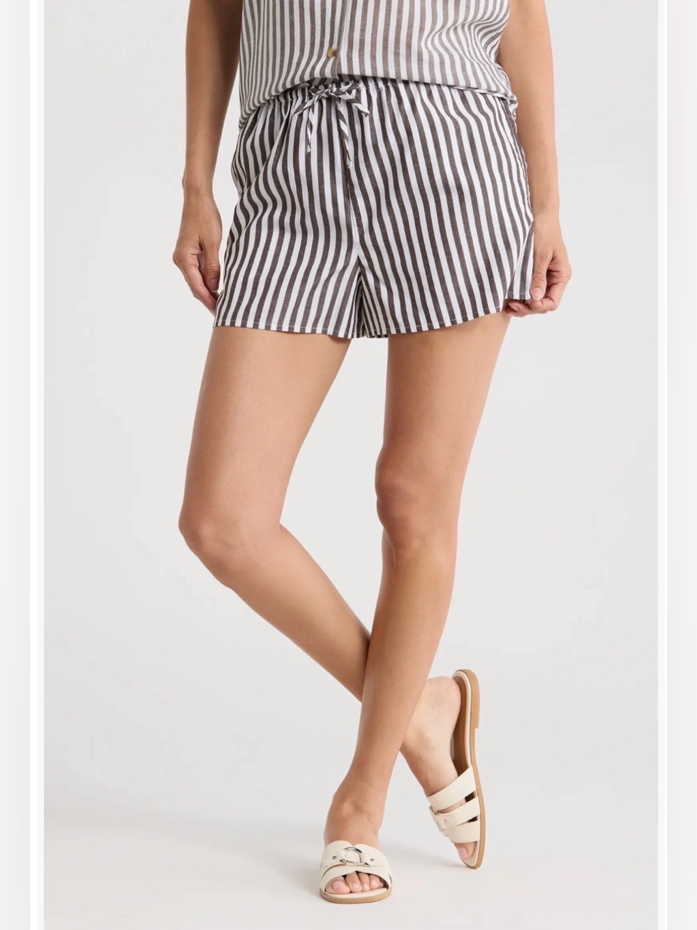 Onia Drawstring Linen Lyocell Shorts Striped Women’s Dark Chocolate and White M